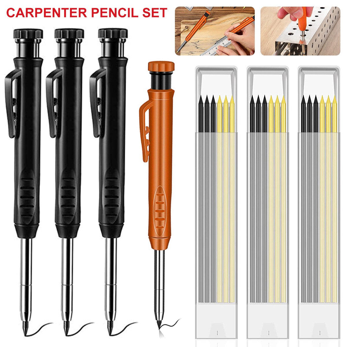 3pcs 솔리드 카펜터 연필 18 리필 리드 깊은 구멍 기계 연필 내장 Sharpenr 목공 마커 마킹 도구